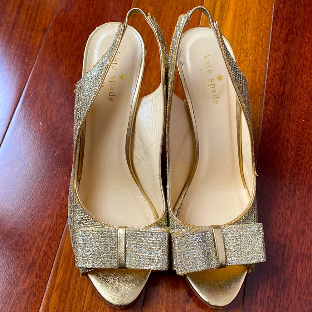 Kate Spade sparkling glitter gold bow heels party shoes size 8 1/2 made in Italy